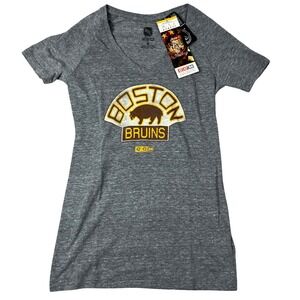 CCM Boston Bruins NHL Womens Heather Gray V-Neck Graphic T-Shirt Small NEW